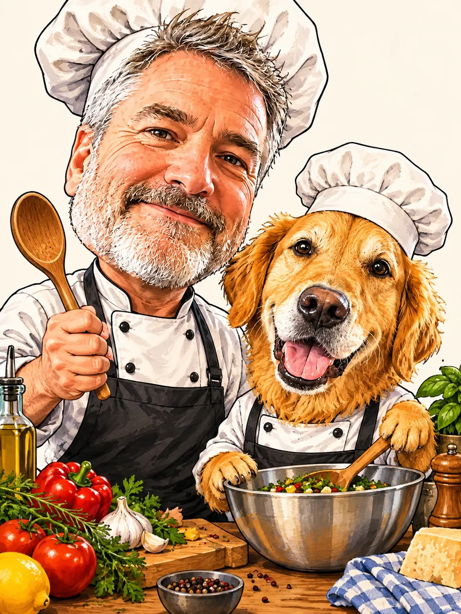 男士和他的金毛犬戴着厨师帽，在一堆新鲜蔬菜中做饭的漫画像