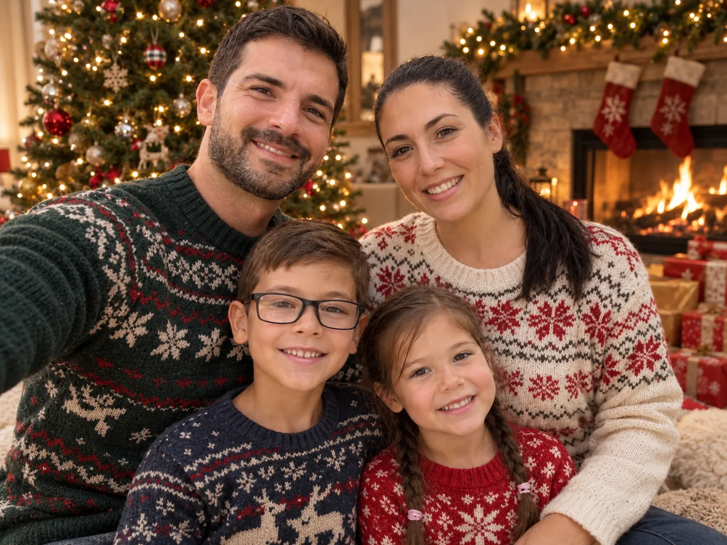 Family of four taking a selfie — Christmas photo