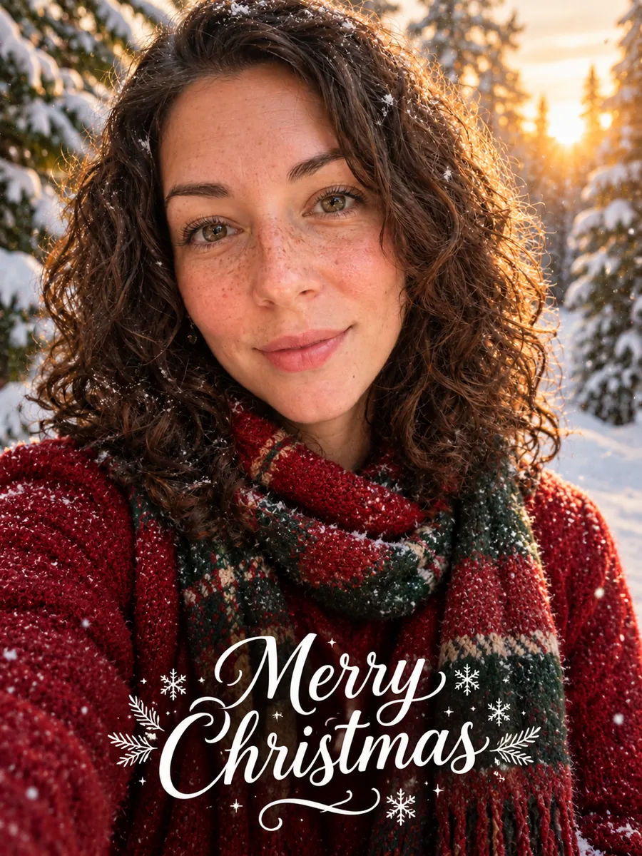 Woman in a red sweater and plaid scarf in a snowy forest with Merry Christmas lettering