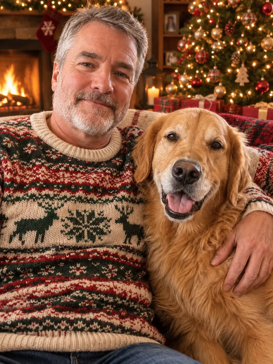 Man and his golden retriever in Christmas sweaters on a sofa by the tree and fireplace