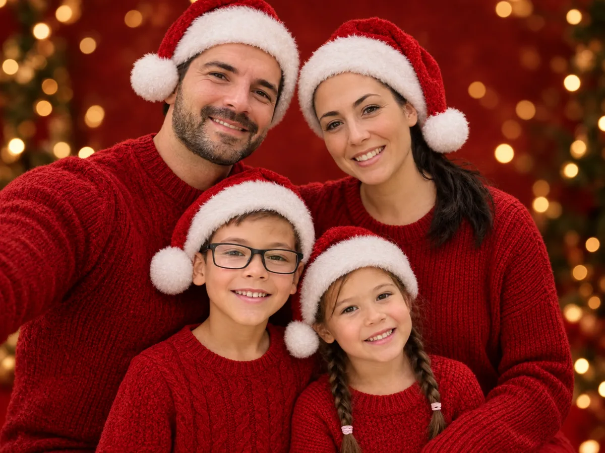 Family of four in Santa hats and red sweaters in front of a red backdrop with golden lights