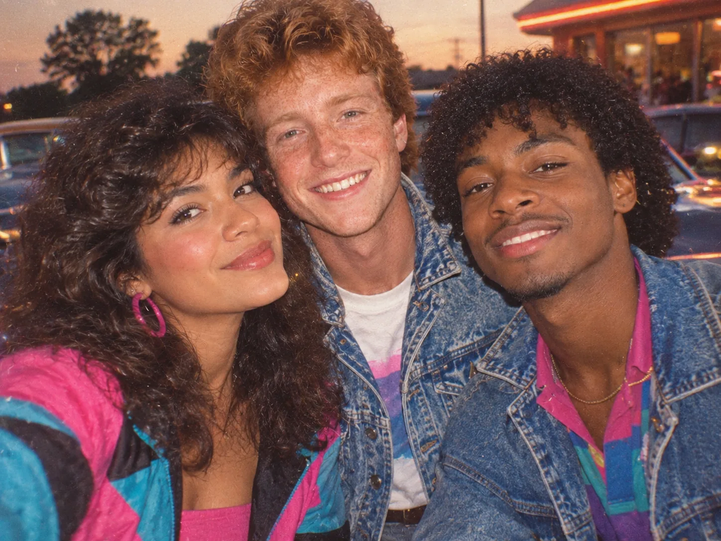 Trois amis aux cheveux volumineux des années 80, en jean et coupe-vent colorés, comme une vieille photo argentique
