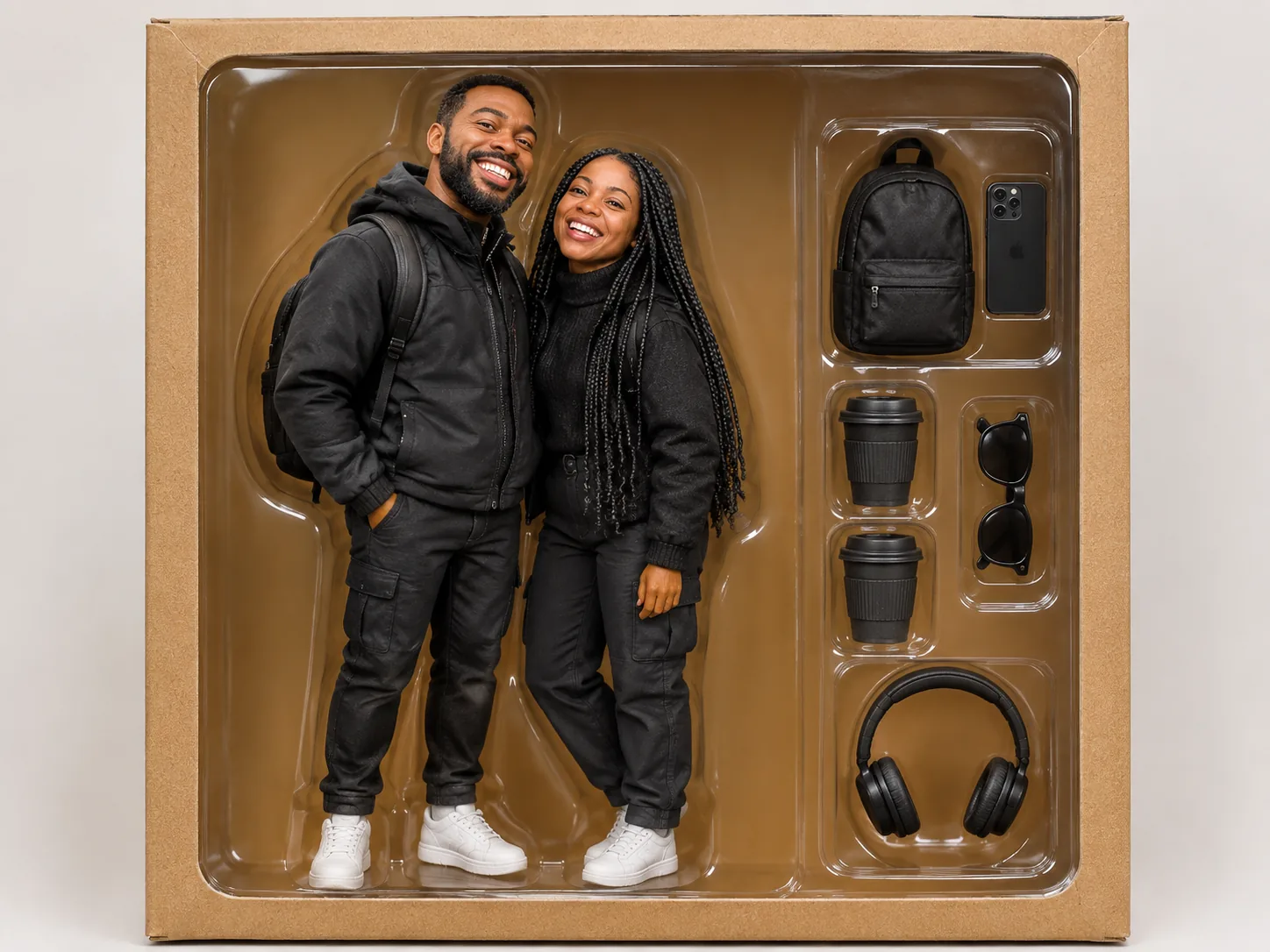 Couple en figurines en plastique dans une boîte en carton avec sac à dos, gobelets et casque