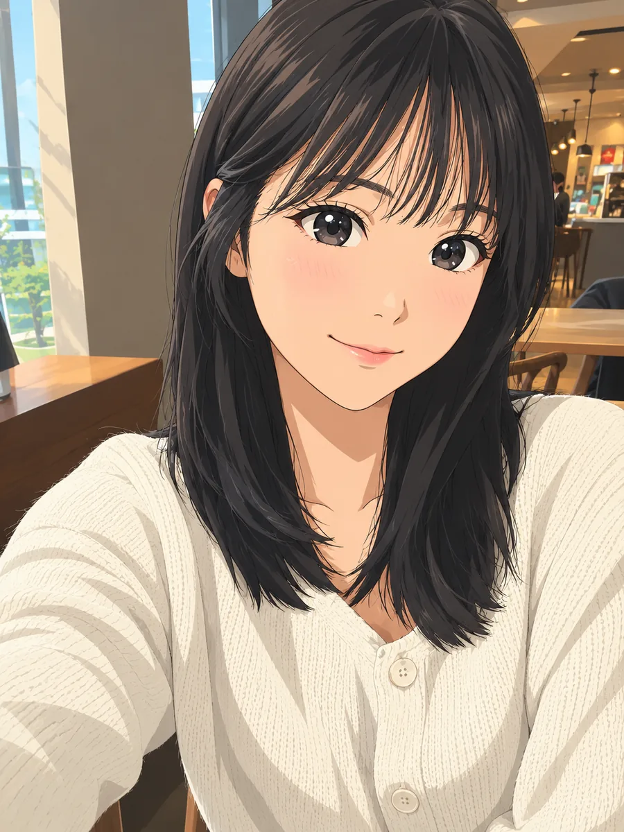 Illustration style anime d’une jeune femme aux cheveux noirs et à frange dans un café