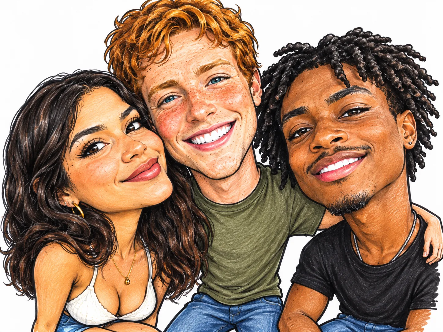 Caricature dessinée à la main de trois amis à grosse tête sur papier blanc