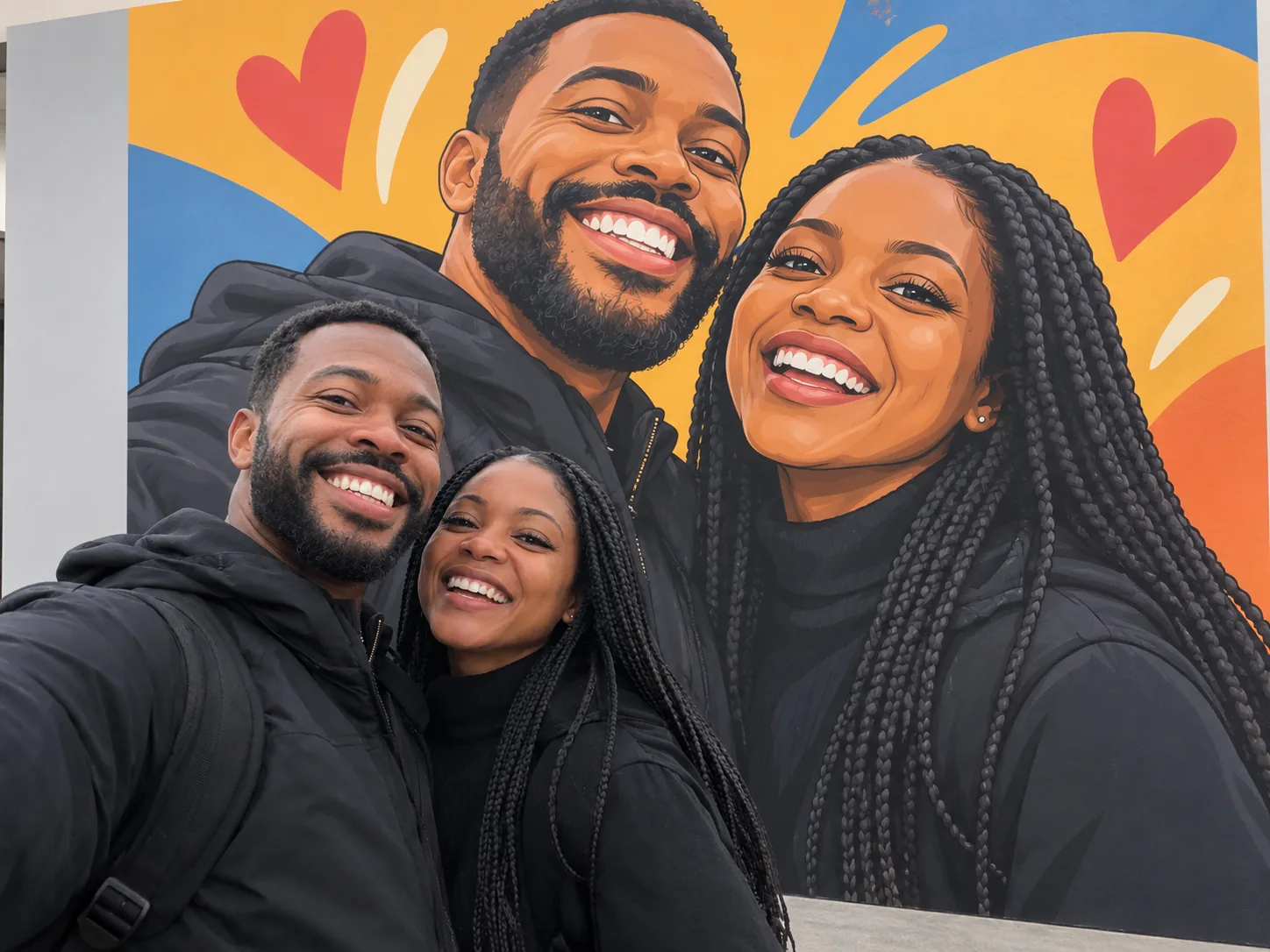 Couple debout devant une immense affiche cartoon colorée qui les représente