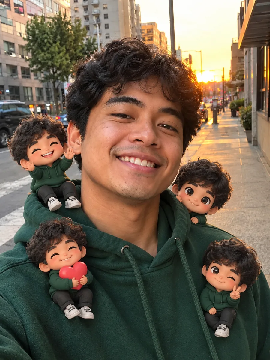 Jeune homme en sweat vert avec de minuscules chibis de lui-même sur les épaules et la poitrine