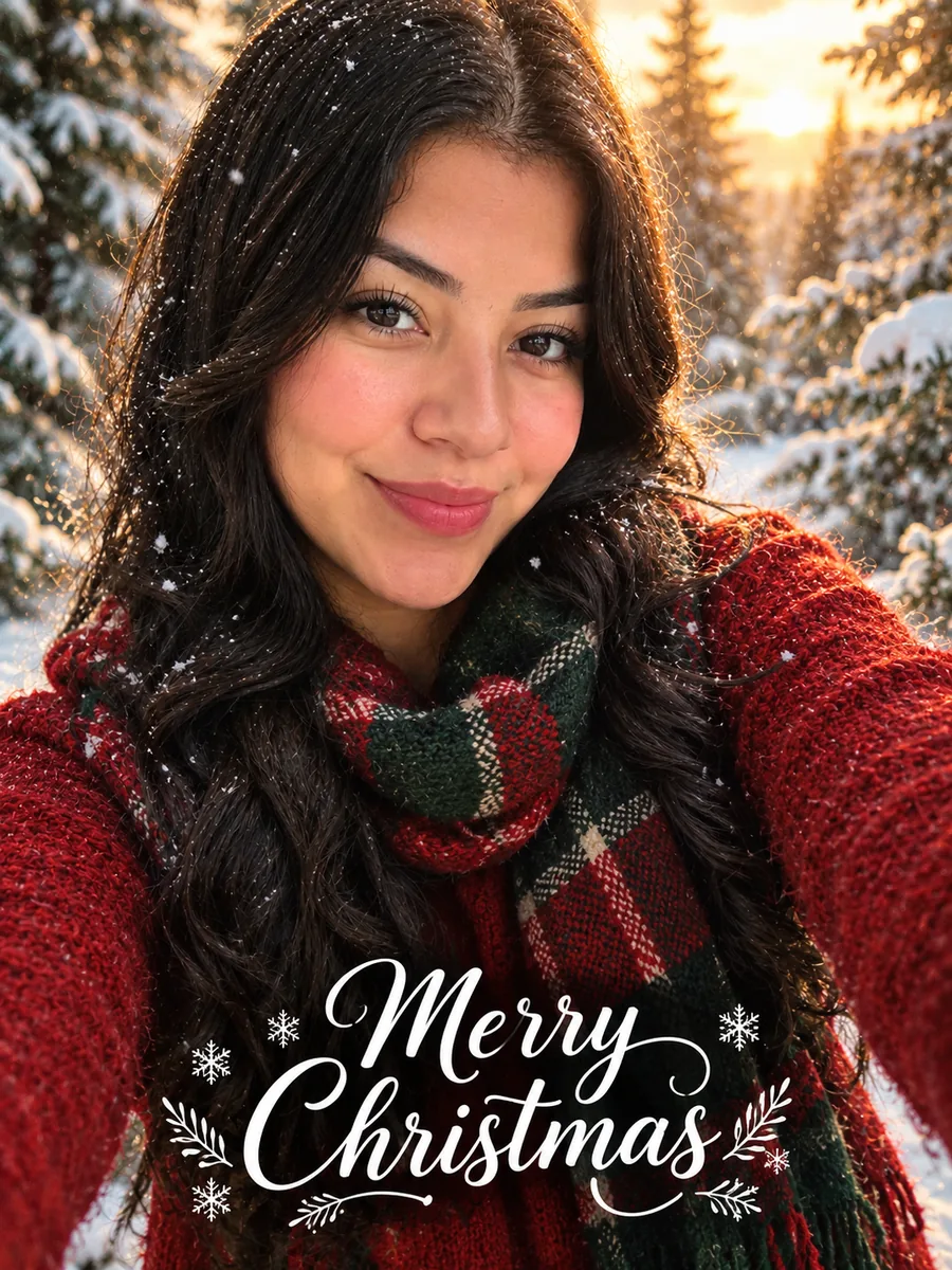Woman with long dark wavy hair in a red sweater and plaid scarf in a snowy forest with Merry Christmas lettering