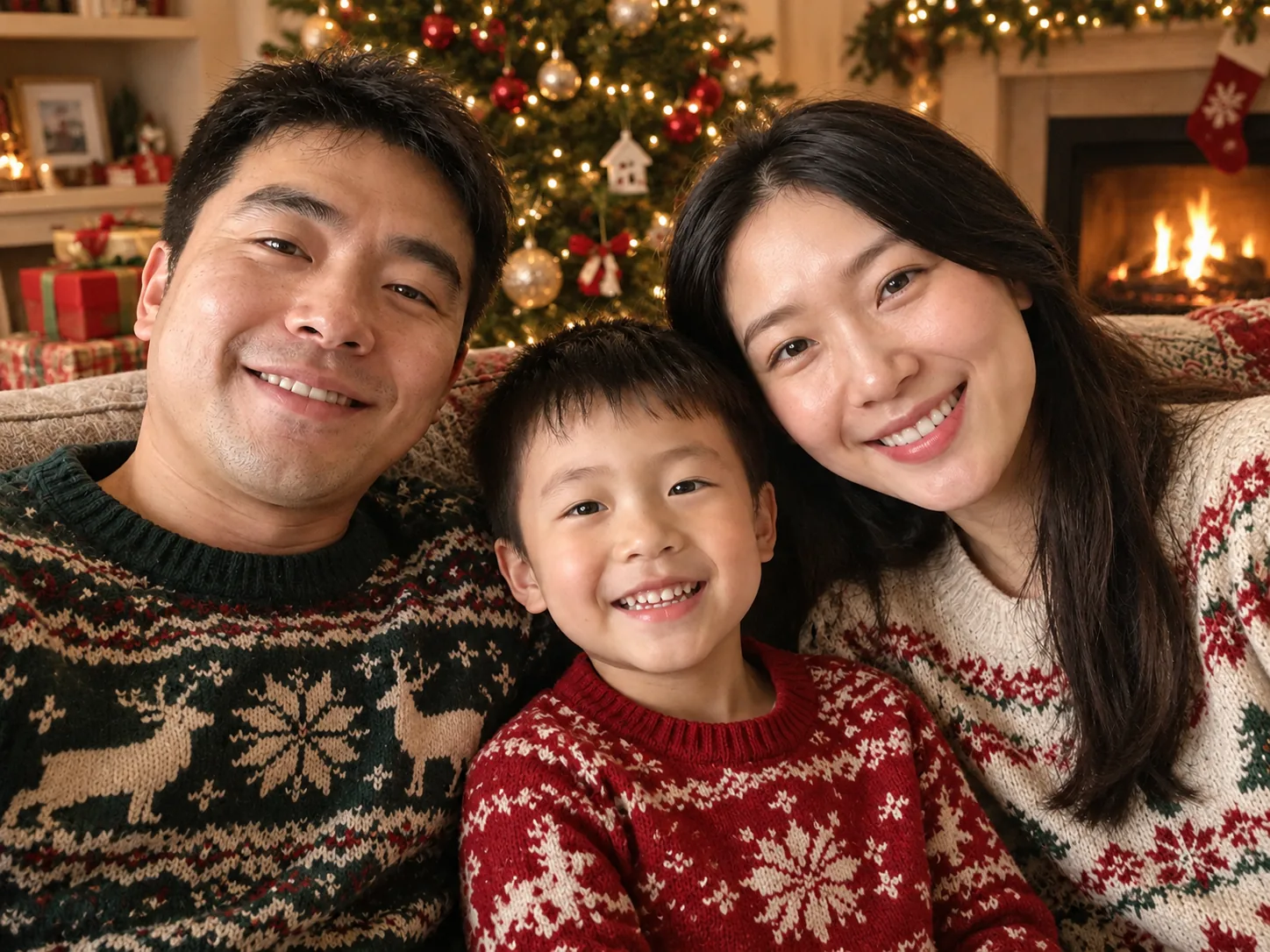 Famille chinoise de trois en pulls de Noël sur un canapé, près d’un sapin décoré et d’une cheminée