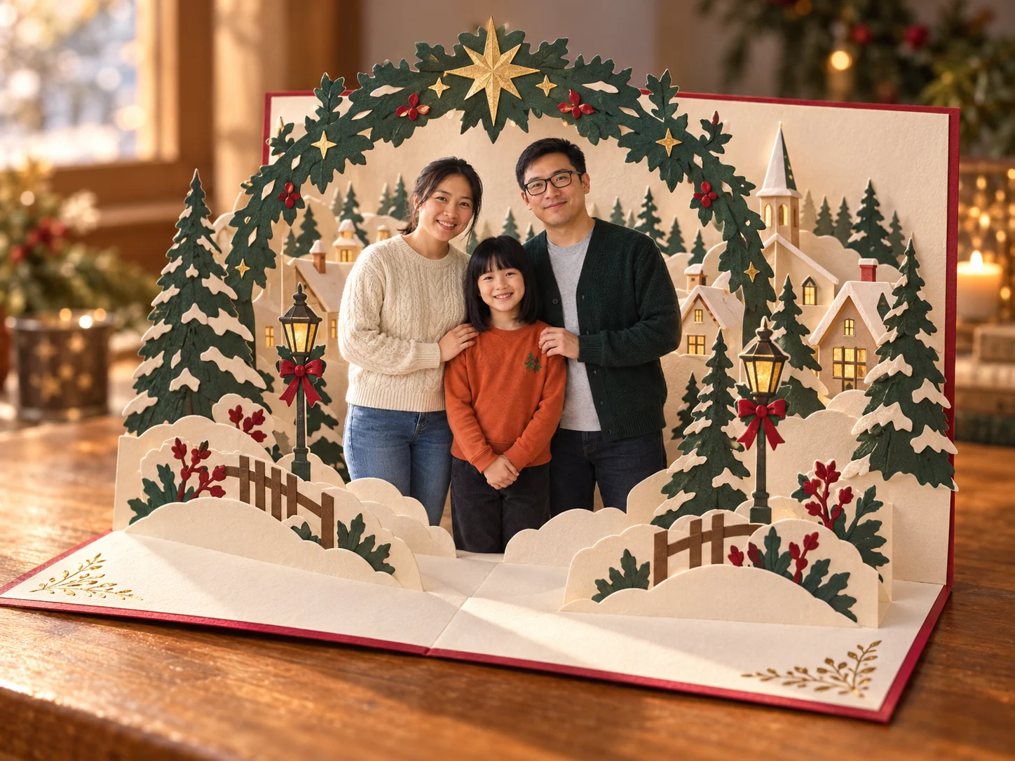 Family of three inside an open Christmas pop-up card with paper houses, trees and gold stars