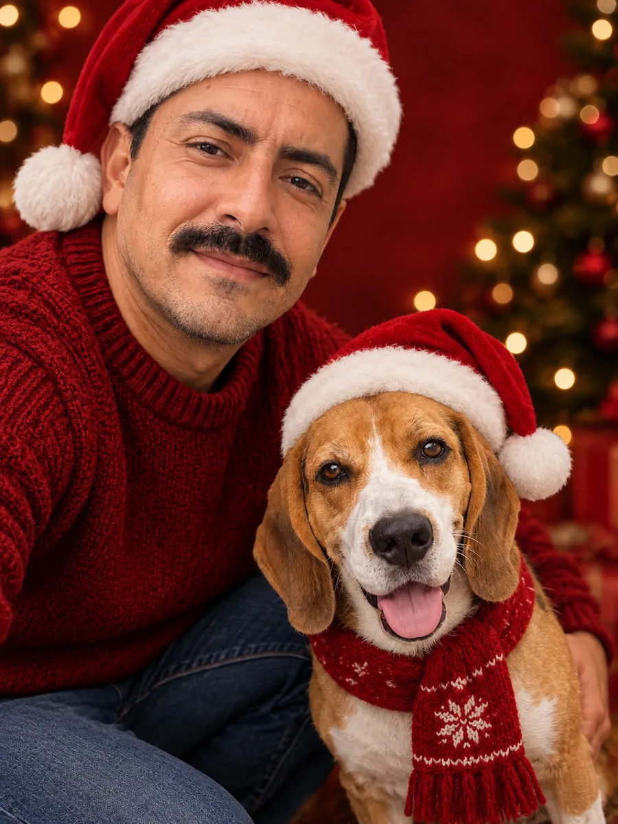 Man with a mustache and his beagle in Santa hats in front of a red backdrop with golden lights