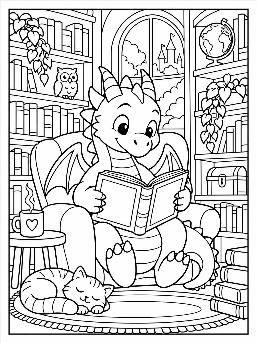 Coloriage au trait noir d’un dragon lisant dans une bibliothèque