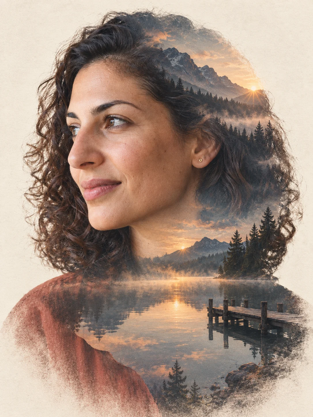 Femme aux cheveux bouclés dont les cheveux et les épaules intègrent un lac de montagne au lever du soleil et un ponton