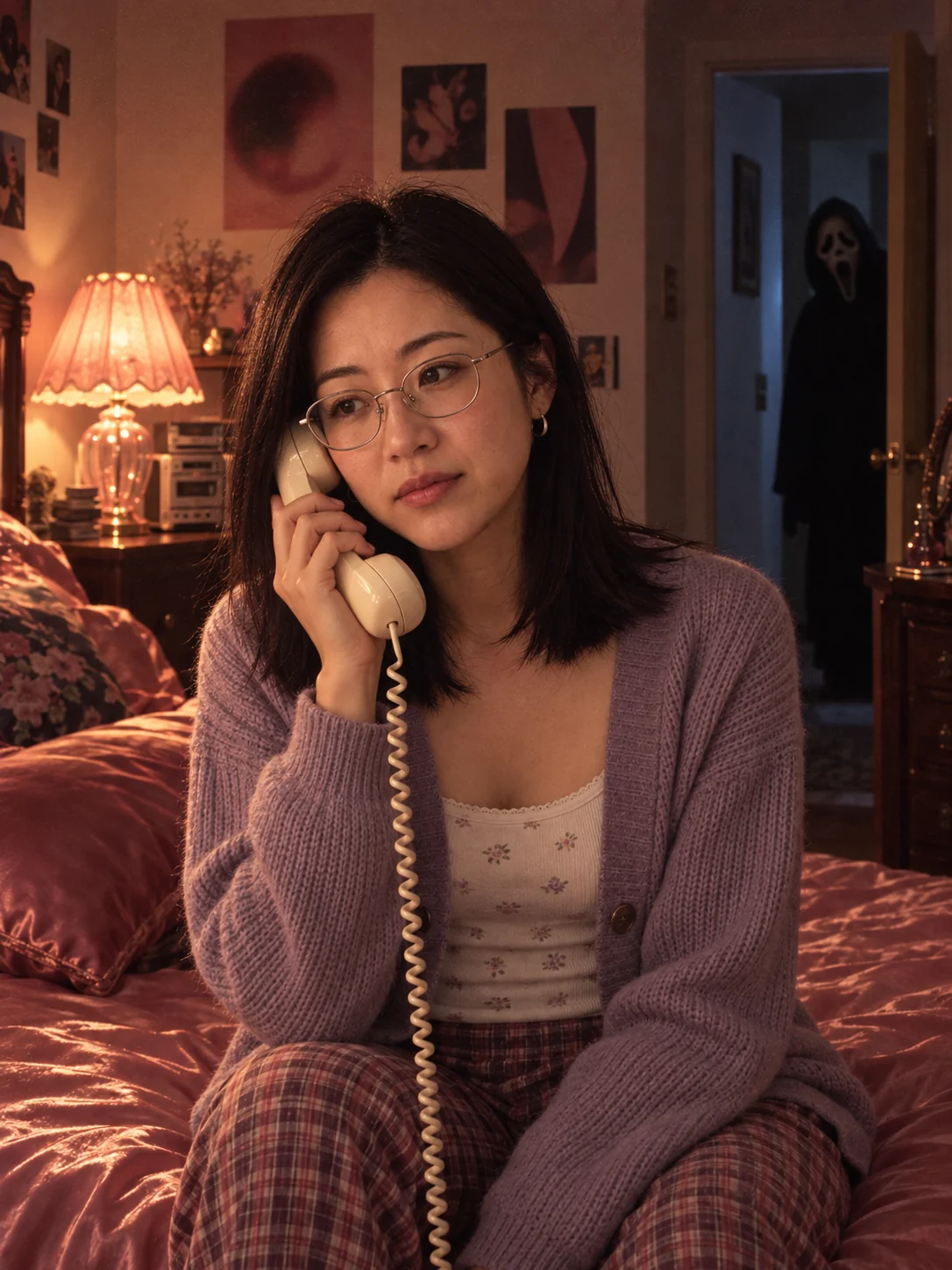 Femme à lunettes tenant un téléphone ivoire sur un lit rose, avec Ghostface dans l’embrasure lointaine