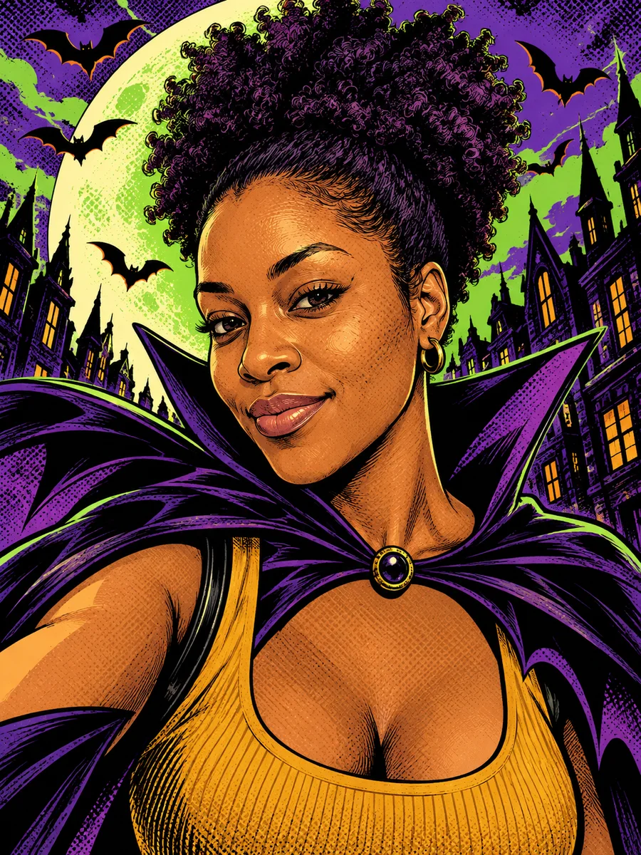 Portrait illustré d’une femme aux cheveux bouclés et créoles avec une cape violette devant une lune verte