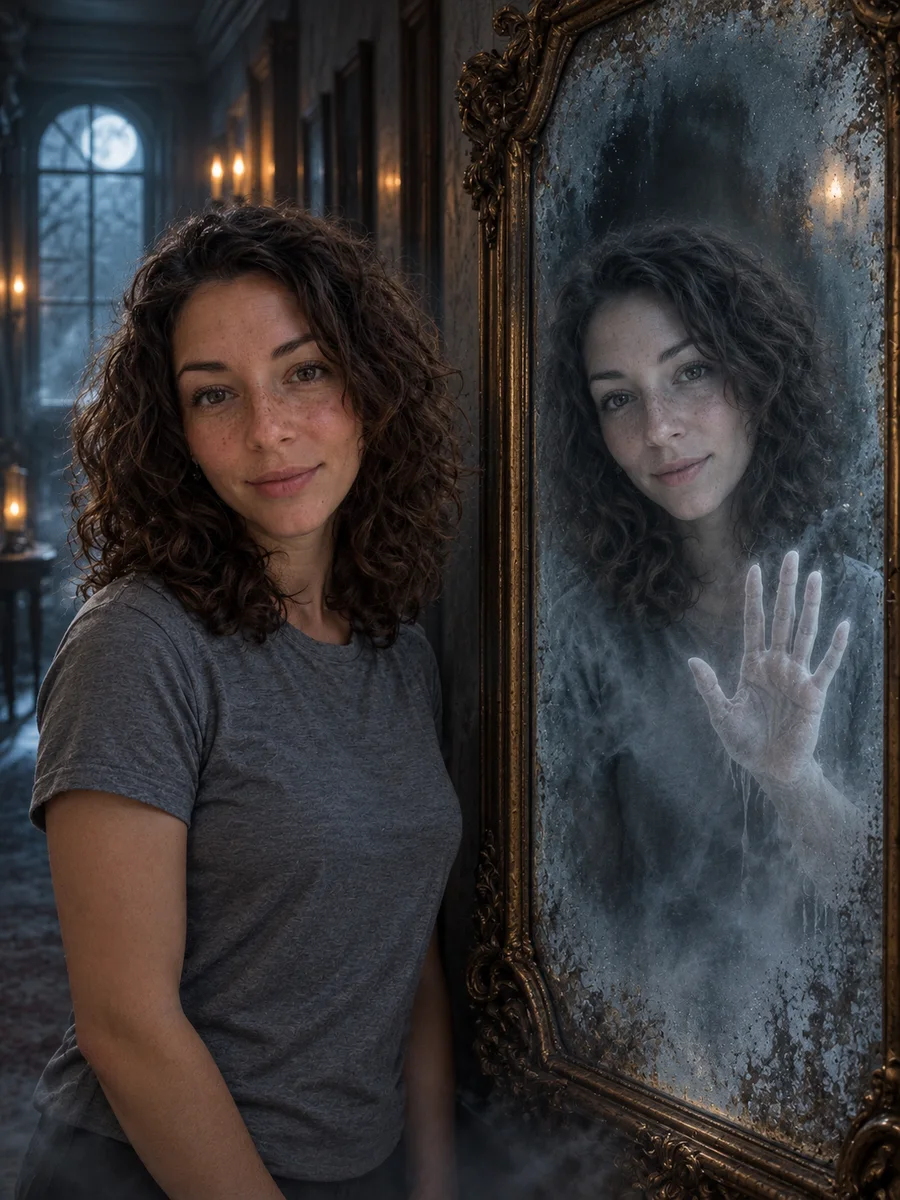 Femme aux cheveux bouclés et aux taches de rousseur près d’un miroir ancien où son reflet pâle pose une paume contre la vitre
