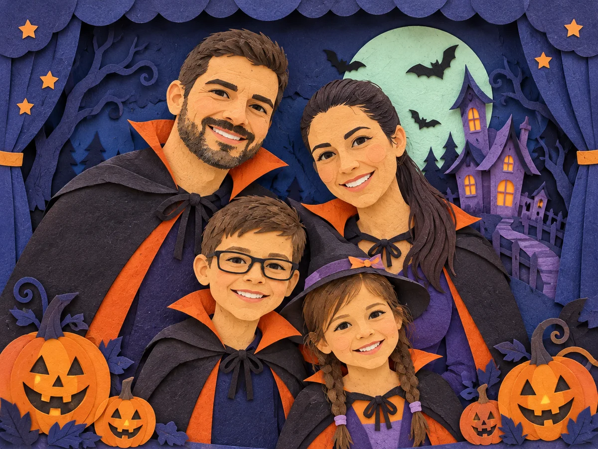 Famille de quatre personnes, dont un garçon à lunettes, en personnages de papier découpé dans un théâtre violet d’Halloween