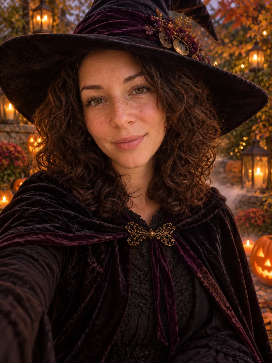 Femme aux cheveux bouclés et aux taches de rousseur portant un chapeau de sorcière sombre et une cape de velours dans un jardin automnal