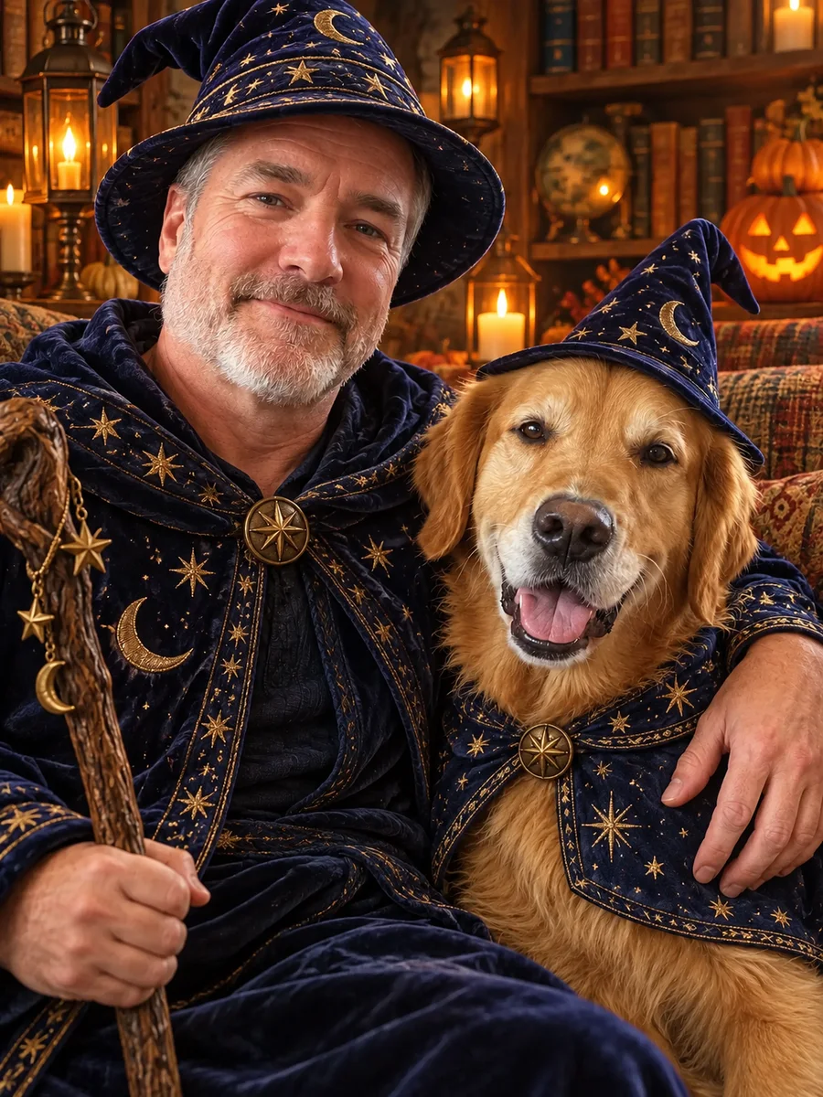 Homme aux cheveux gris et golden retriever en capes bleu nuit étoilées près de citrouilles lumineuses