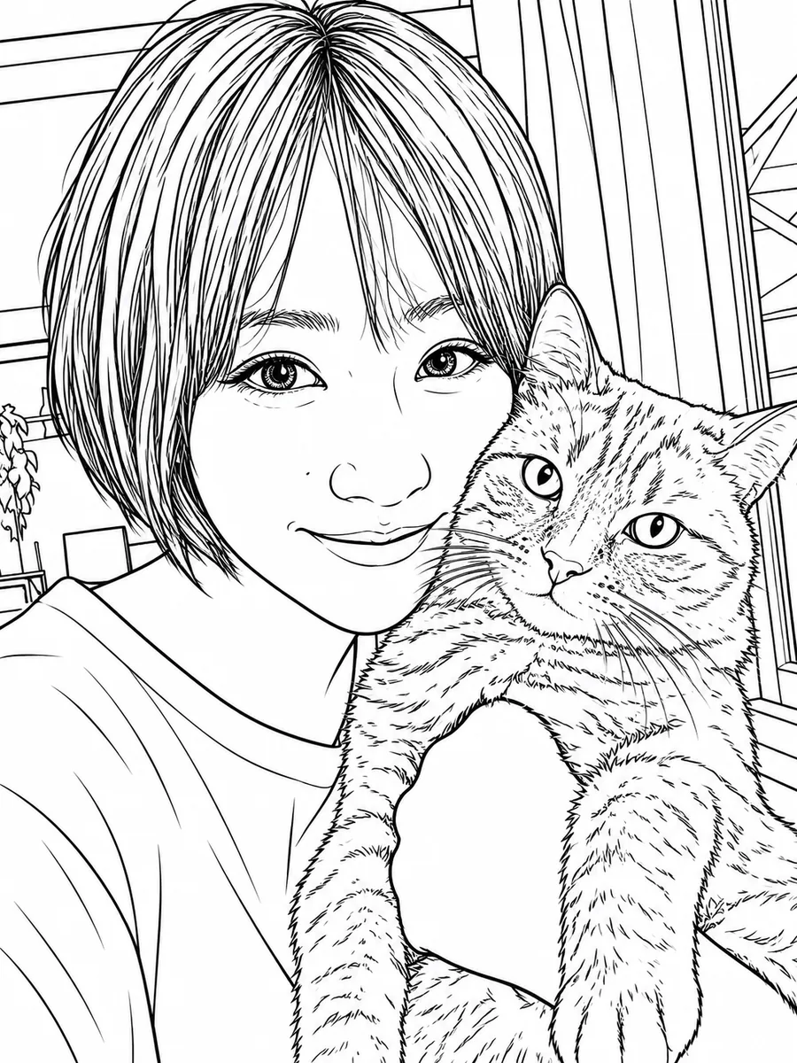 Dessin au trait noir et blanc d’une femme au carré court tenant son chat tigré