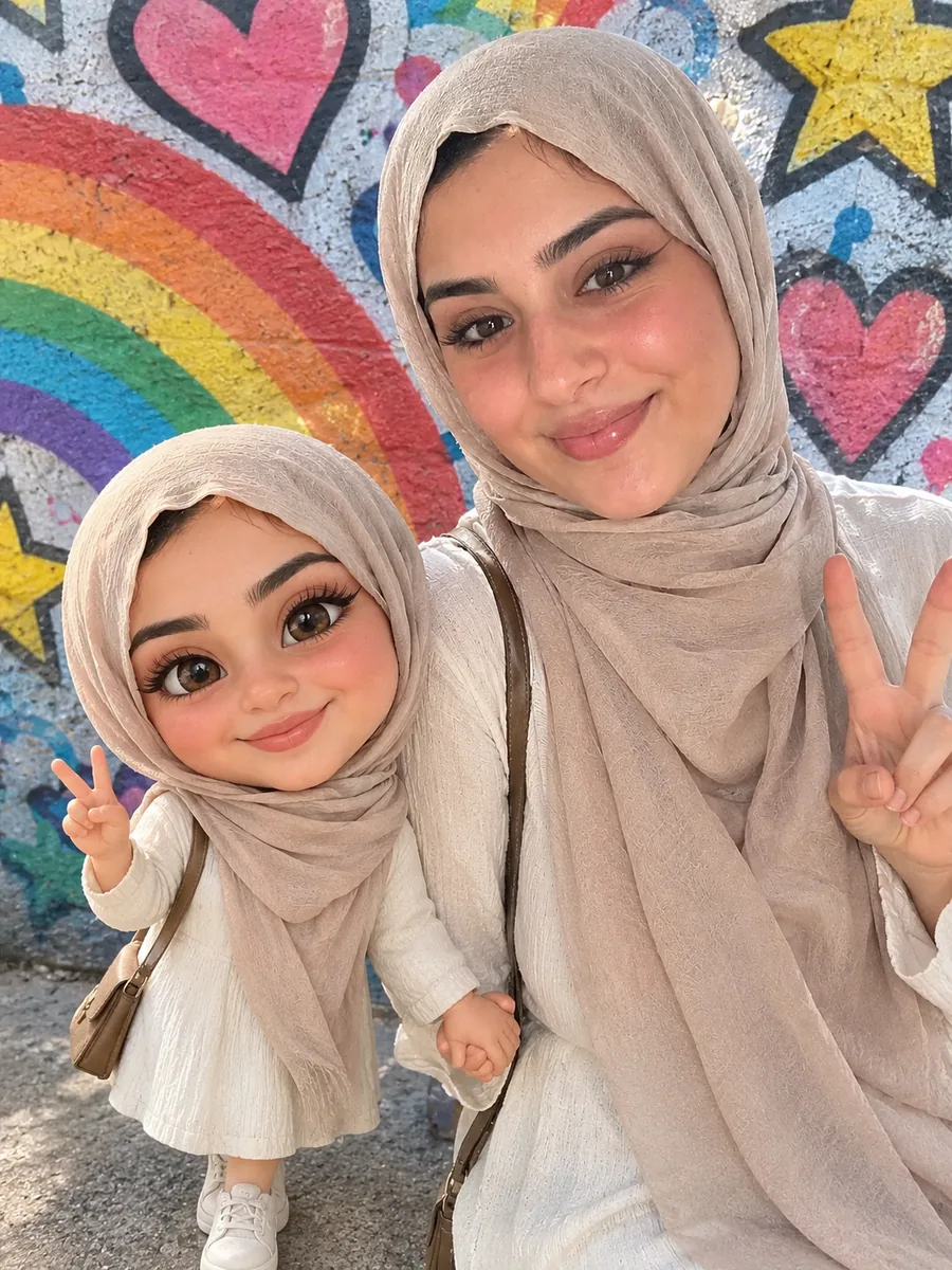 Femme en hijab beige à côté d’une version cartoon 3D d’elle-même à hauteur de genou, devant un mur de graffitis
