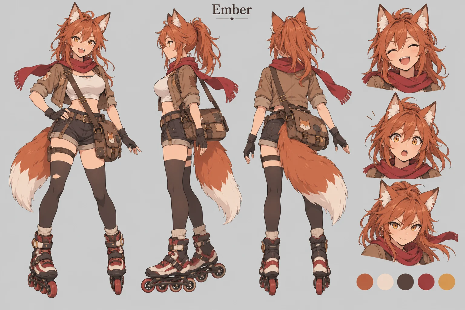 成年狐耳快递员 Ember 的三视图、表情和配色
