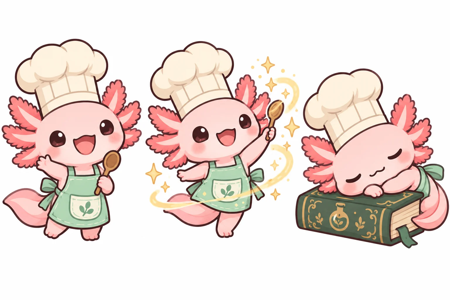 veselý axolotlí kuchař lektvarů s korálově růžovými vnějšími žábrami, vysokou krémovou kuchařskou čepicí, mátovou zástěrou a malou dřevěnou lžící