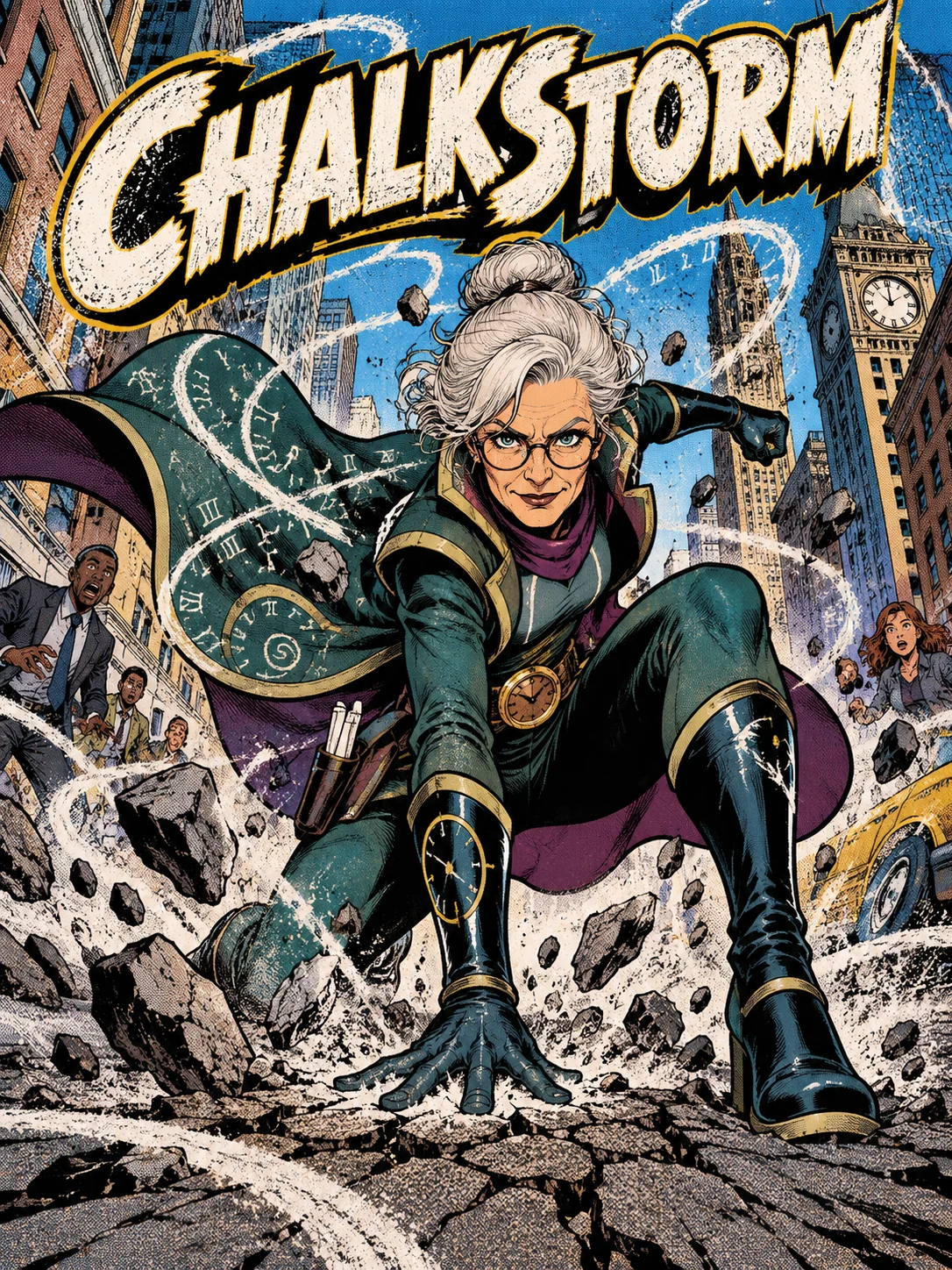 退休教师超级英雄 Chalkstorm 落在漫画城市街道上