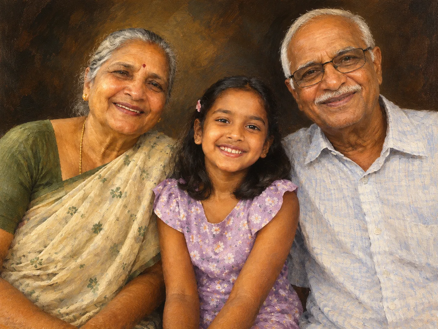 Peinture à l’huile de grands-parents et de leur petite-fille, coups de pinceau visibles sur fond sombre