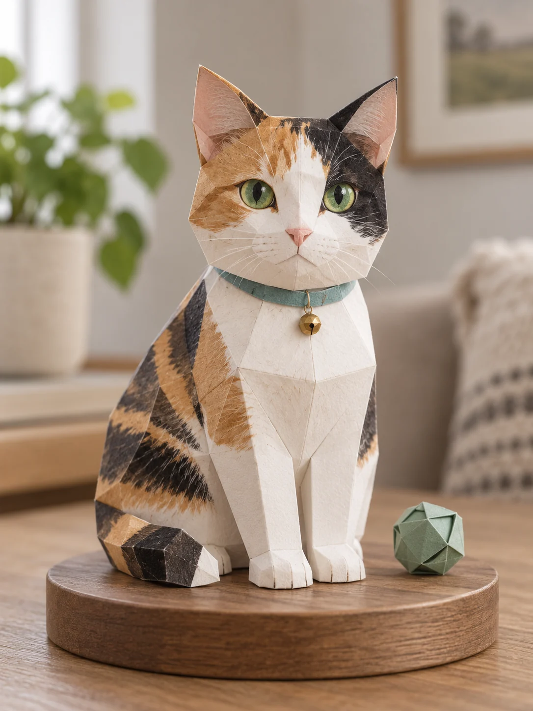 Chat calico aux yeux verts et au collier turquoise recréé en figurine de papier plié sur un socle en bois