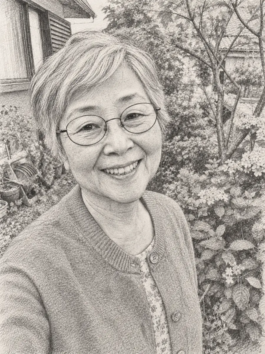 Dessin au crayon d’une femme âgée souriante, cheveux courts et lunettes rondes, dans un jardin
