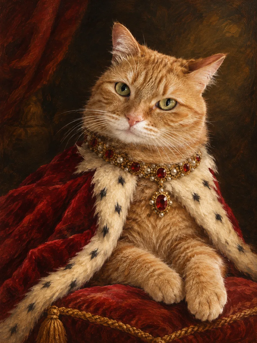Peinture à l’huile d’un chat roux tigré en cape de velours rouge bordée d’hermine, avec un collier orné de pierres