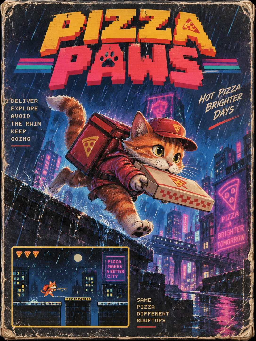 Boîte du jeu fictif PIZZA PAWS avec un chat livreur de pizzas