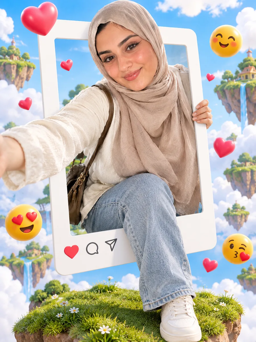 Femme en hijab beige qui sort du cadre d’un post vers un monde cartoon aux îles flottantes
