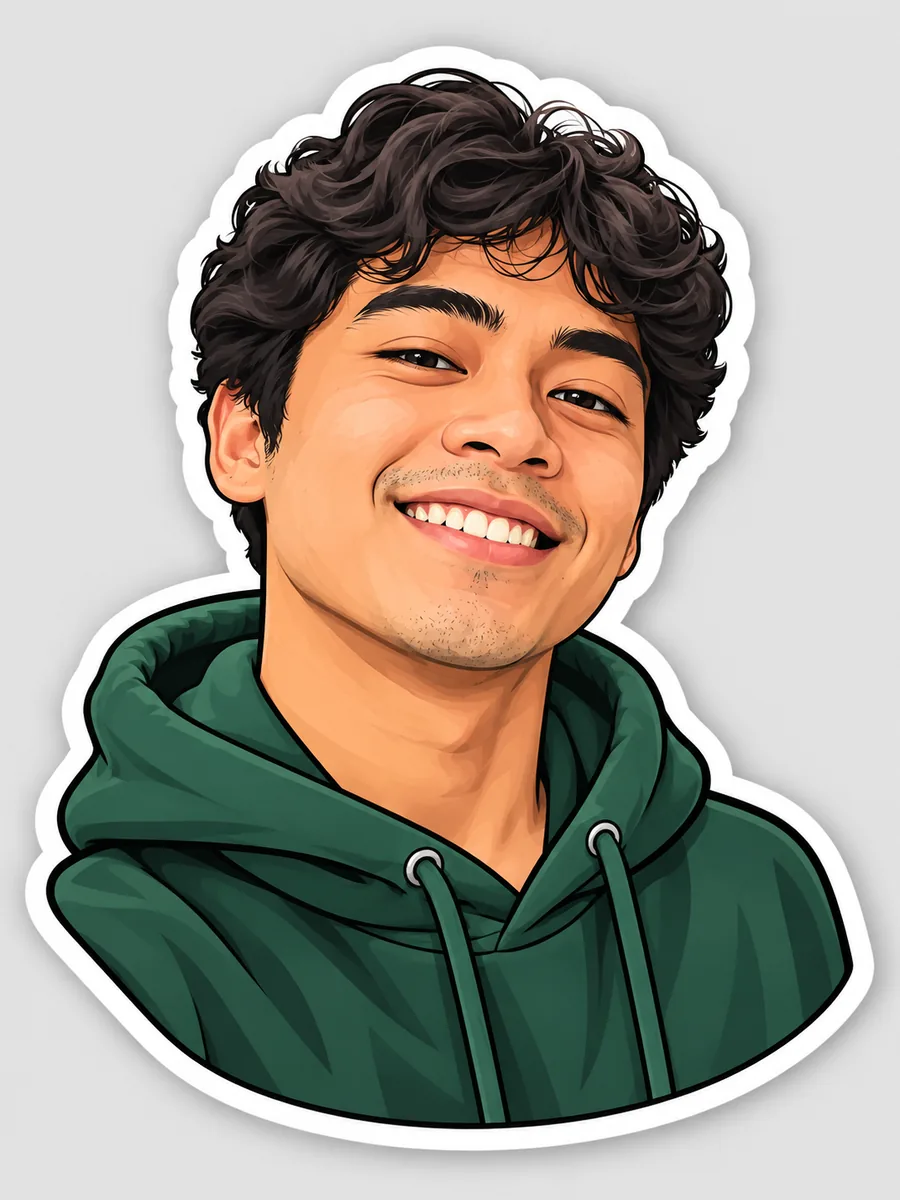 Sticker cartoon d’un jeune homme souriant aux cheveux bouclés en sweat vert, avec une bordure blanche