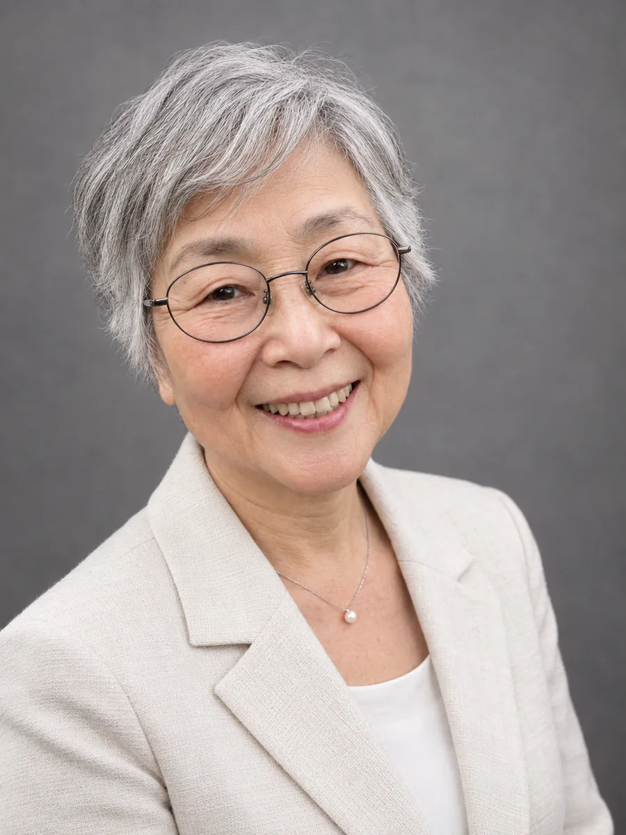 Portrait studio d’une femme âgée aux cheveux gris courts et à lunettes, en blazer clair sur fond gris