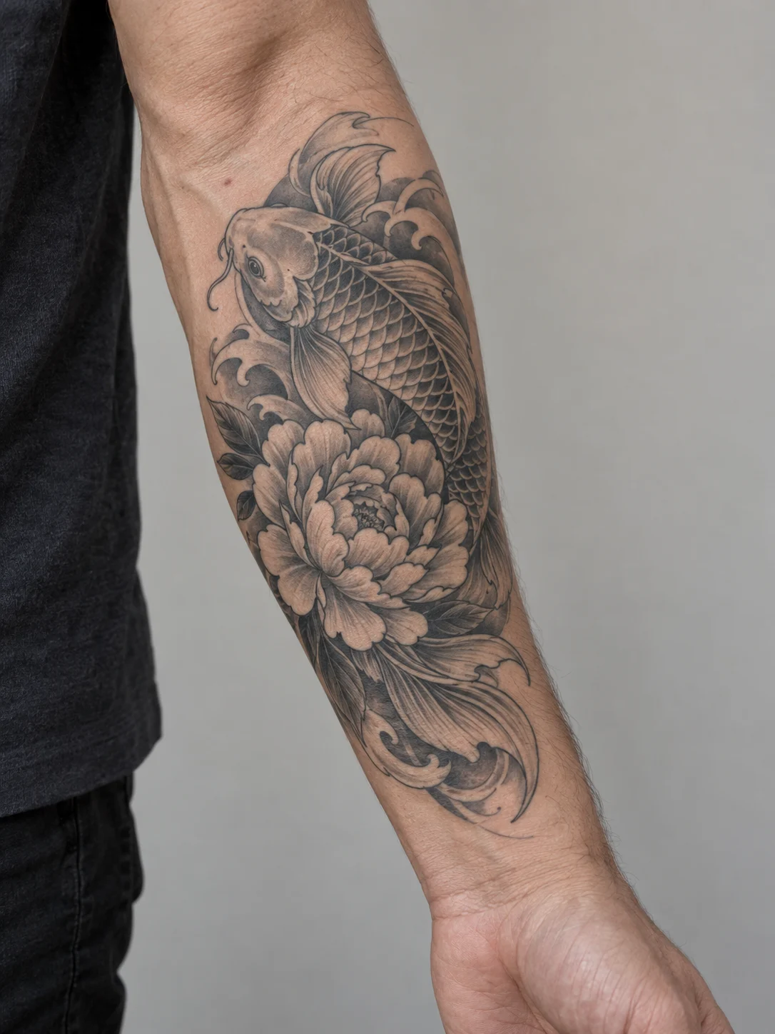 Black-and-gray koi fish tattoo on a fictional adult forearm