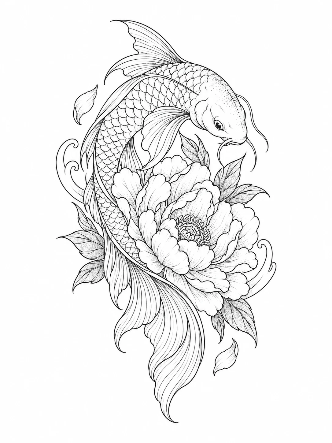 Fine-line koi fish and peony tattoo concept on white paper