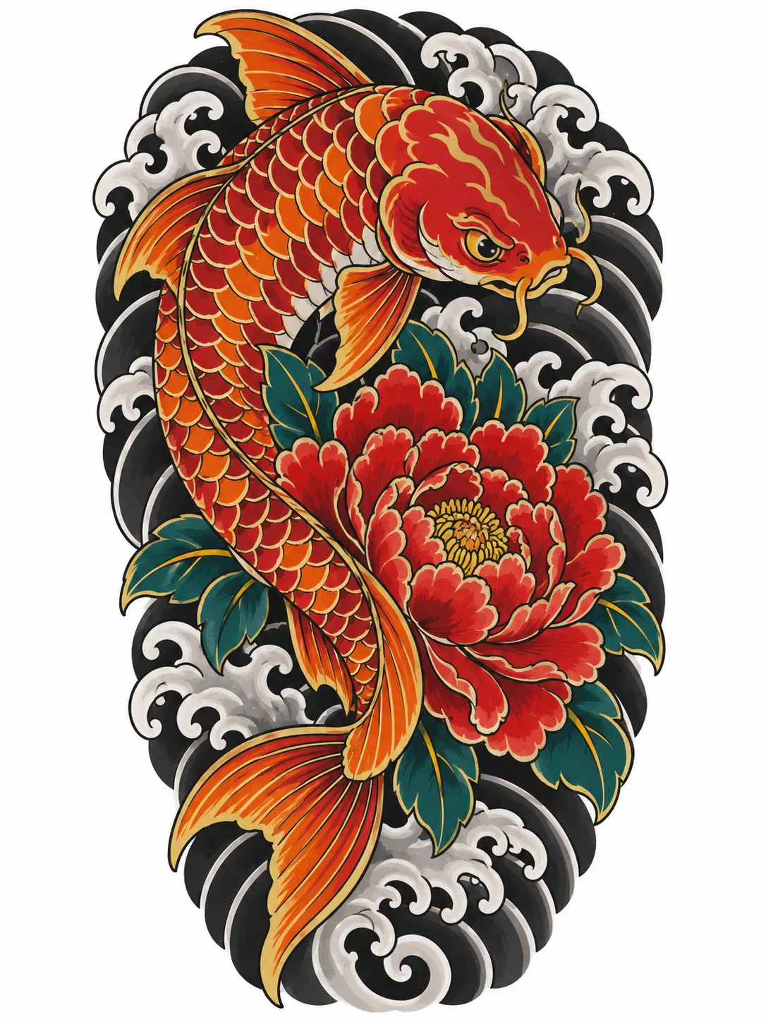 Japanese-inspired colorful koi fish and peony tattoo design