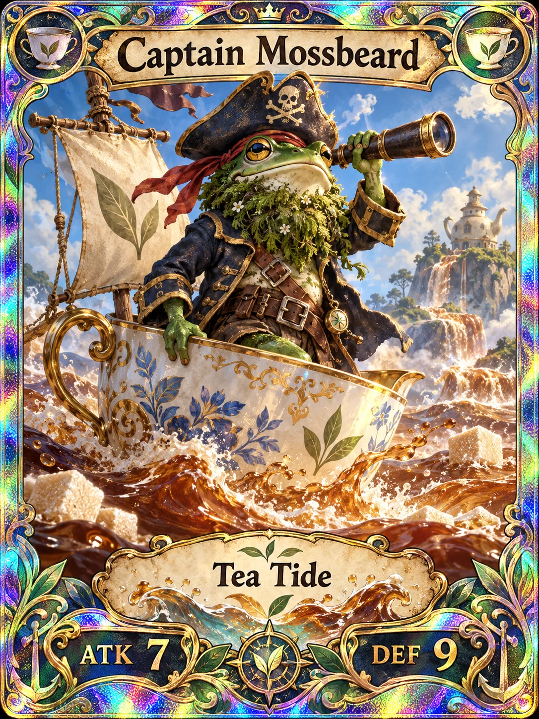 Carte du pirate grenouille Captain Mossbeard avec Tea Tide, ATK 7 et DEF 9