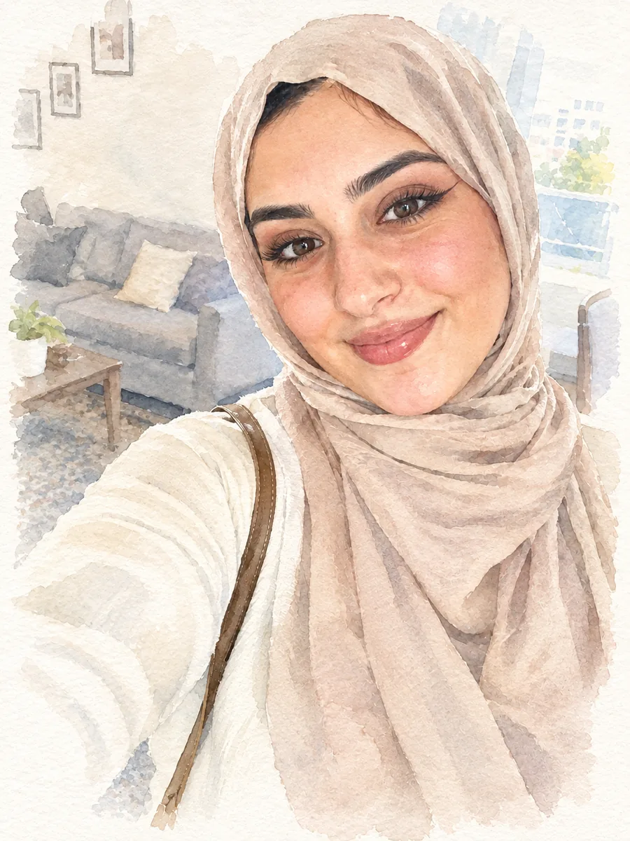 Portrait à l’aquarelle d’une femme en hijab beige, qui se fond dans le papier blanc