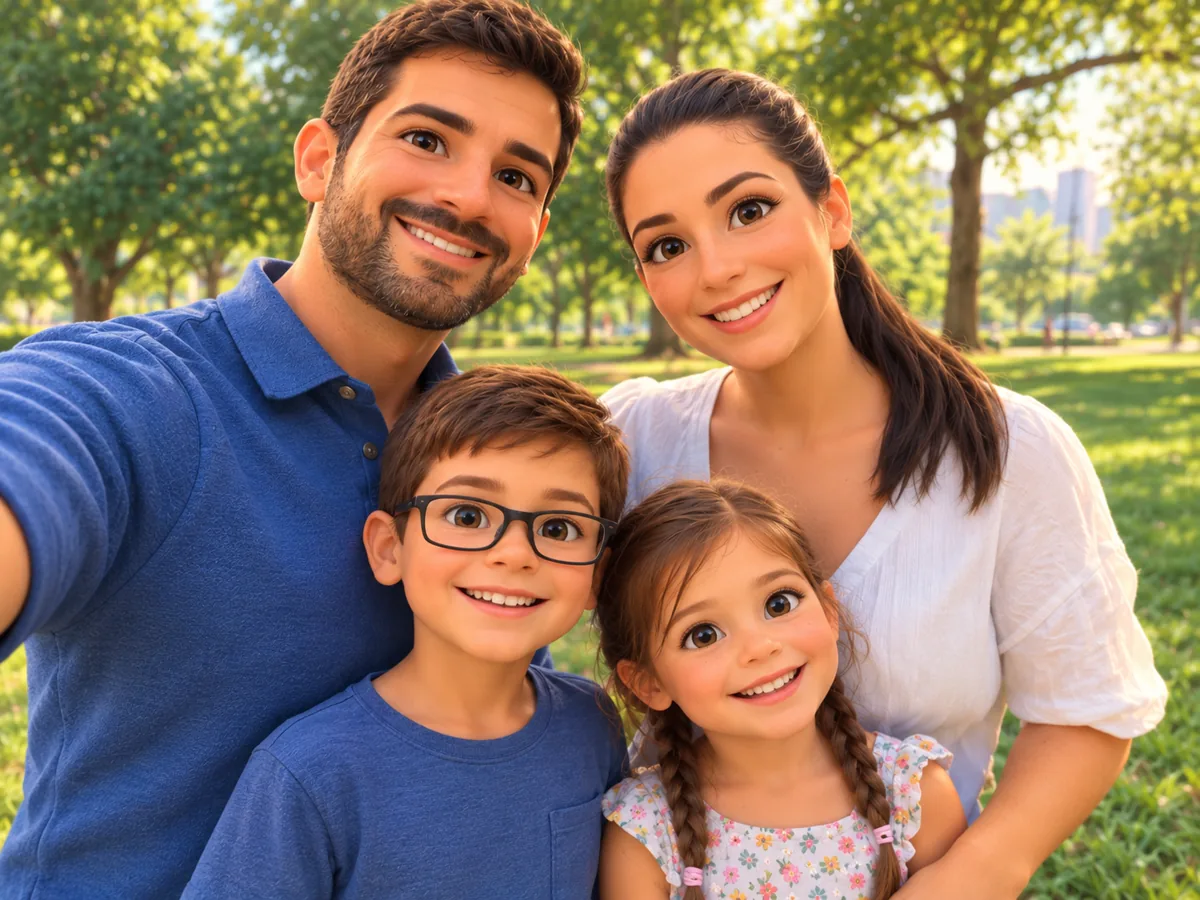 Family of four as 3D animated film characters in a sunny park