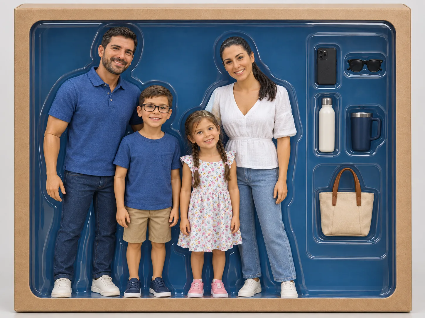 Family of four as plastic action figures in a cardboard toy box with accessories — Result