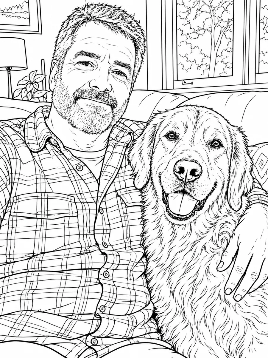Black-and-white line drawing of a man and his golden retriever on a sofa