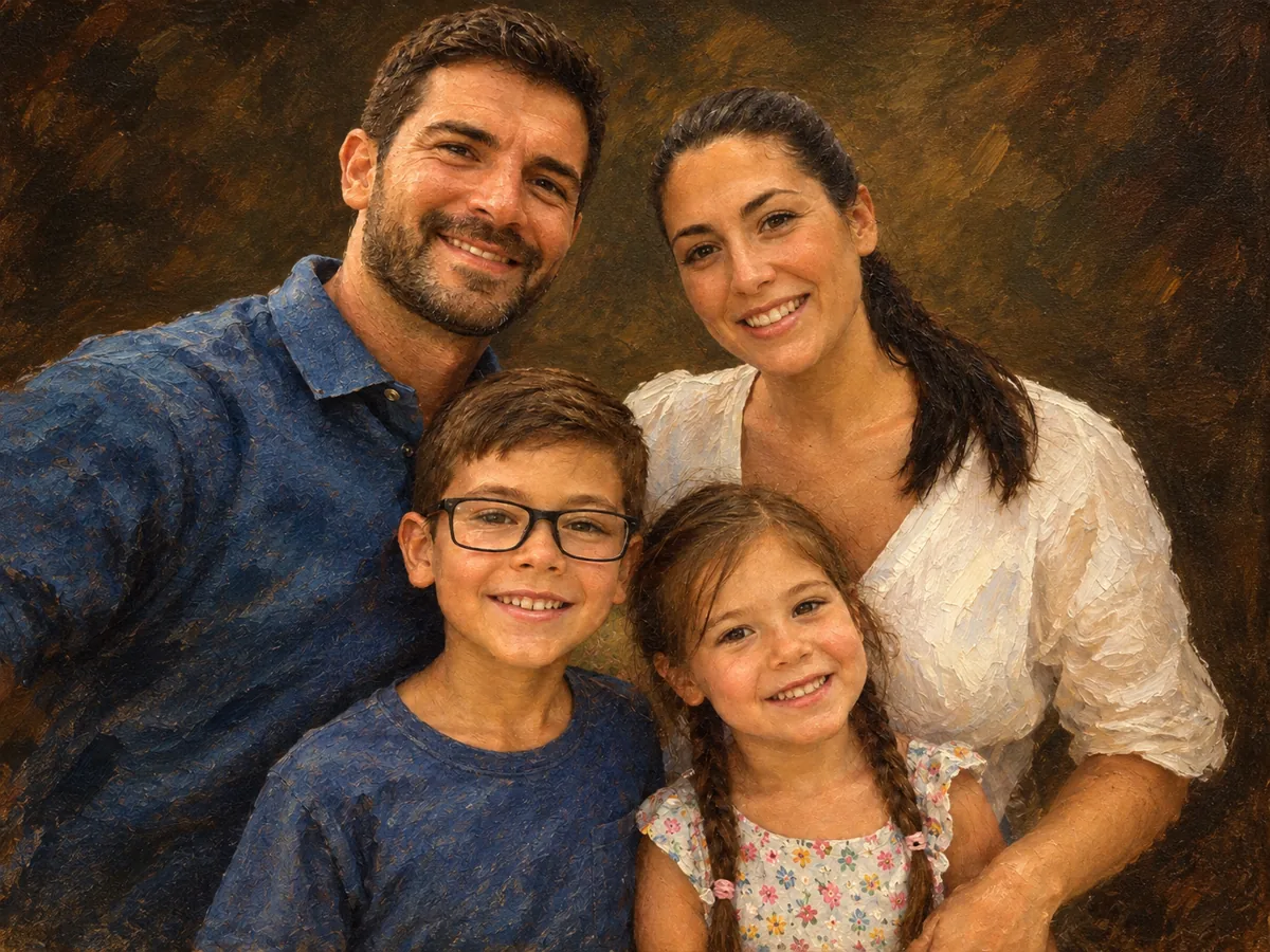 Oil painting of a family of four with visible brushstrokes on a dark background