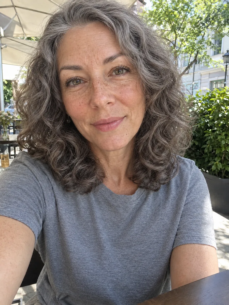 The same woman about 30 years older, with gray curly hair and fine wrinkles