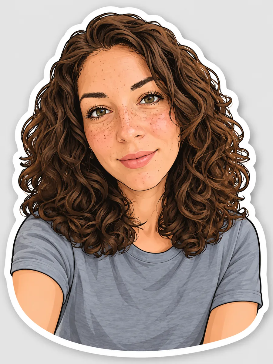 Cartoon sticker of a woman with curly hair and freckles, with a white die-cut border