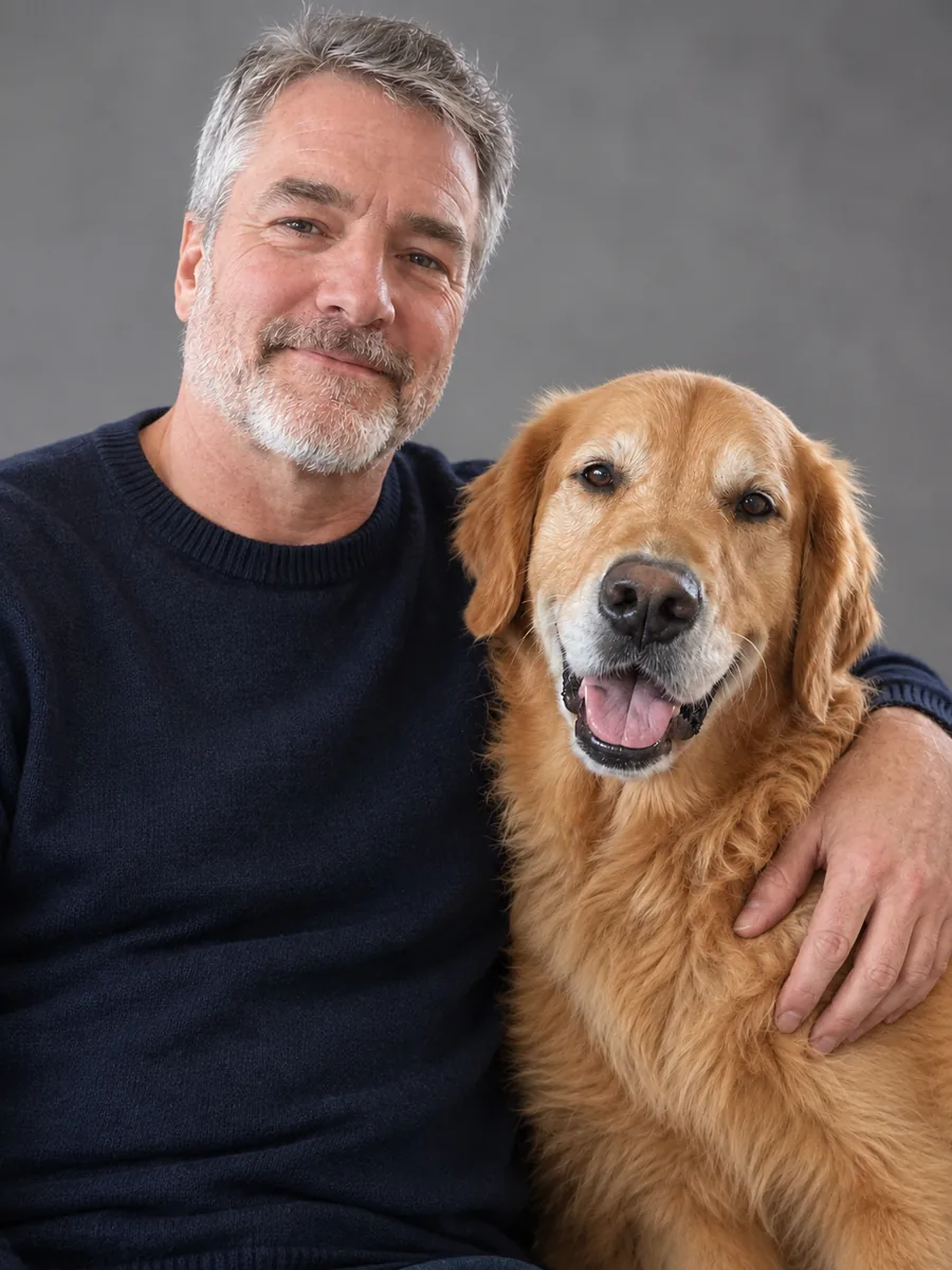 Studio portrait of a gray-haired man and his golden retriever on a gray backdrop