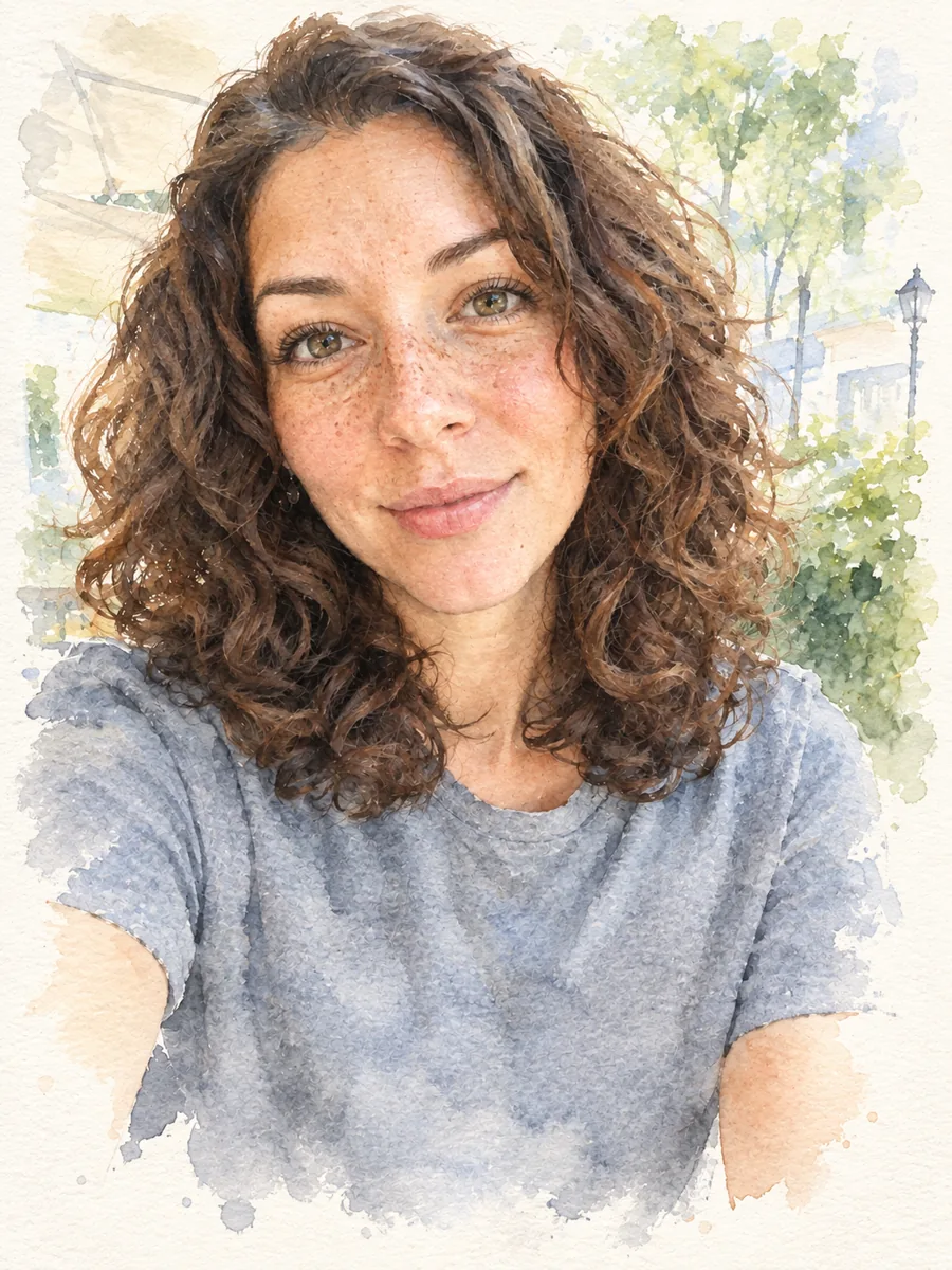 Watercolor portrait of a woman with curly hair, fading into white paper at the edges