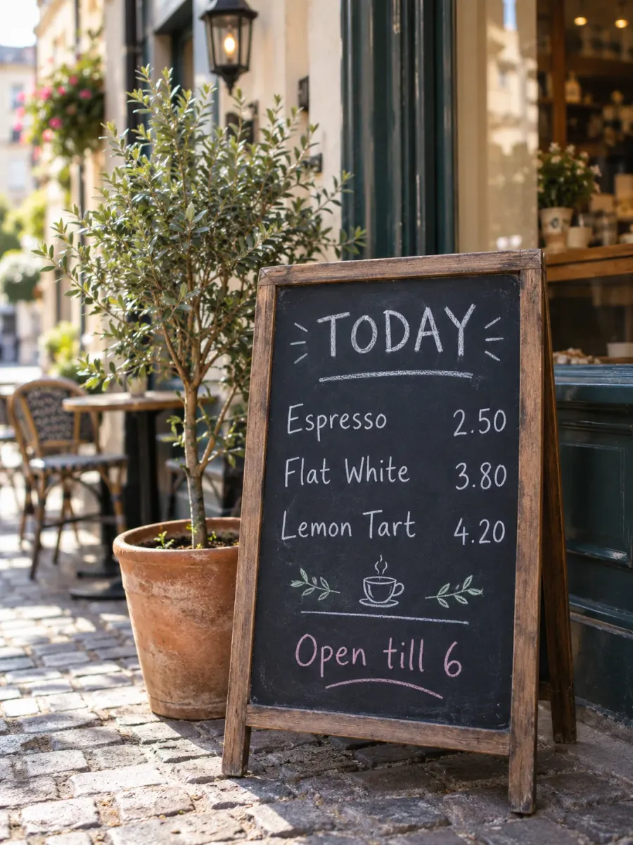 Kavárenské menu na tabuli s pěti řádky textu